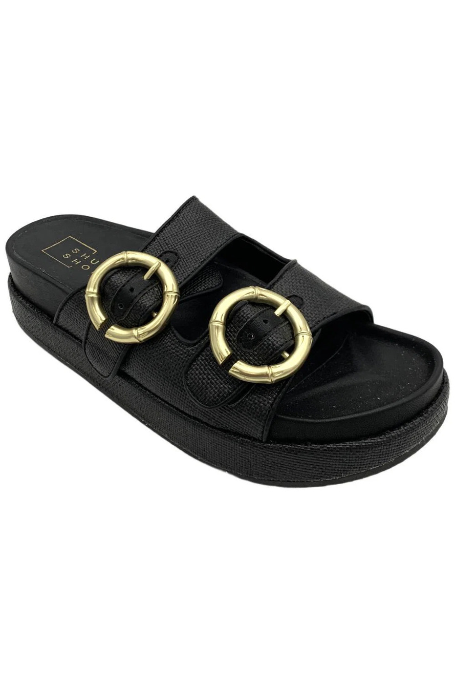 SHUSHOP Women's Lori Footbed Flatform Sandal Black Woven - Medium